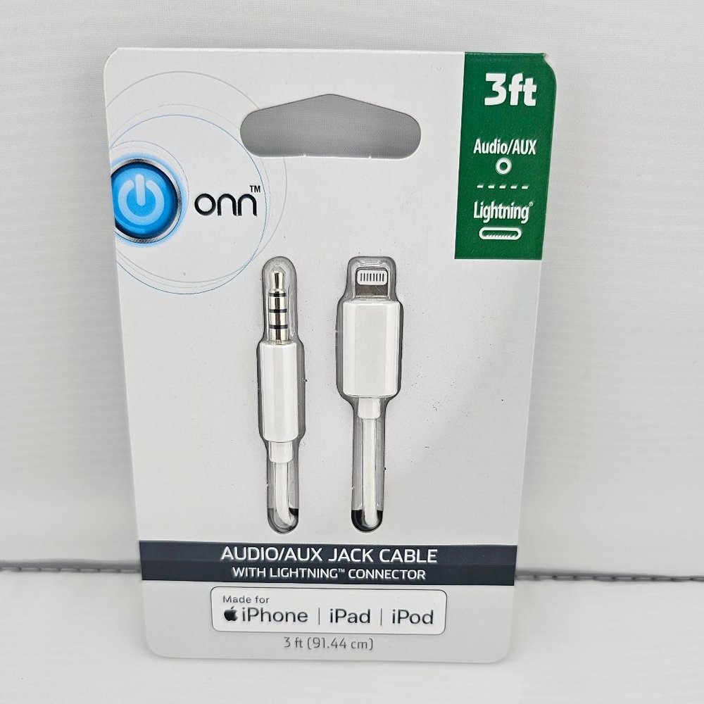 onn. 3' Lightning to 3.5 mm Audio AUX Cable for iPhone iPad